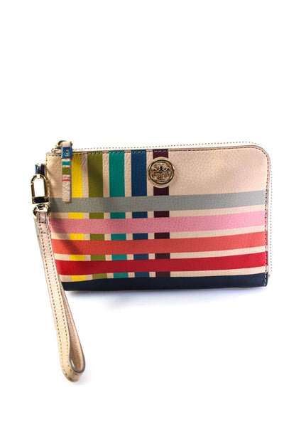 Tory Burch Womens Leather Striped Zip Up Wristlet Pouch Multicolor
