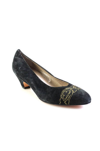 Salvatore Ferragamo Womens Metallic Embroidered Kitten Heel Pumps Black Size 7