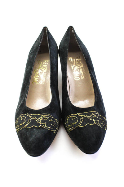 Salvatore Ferragamo Womens Metallic Embroidered Kitten Heel Pumps Black Size 7