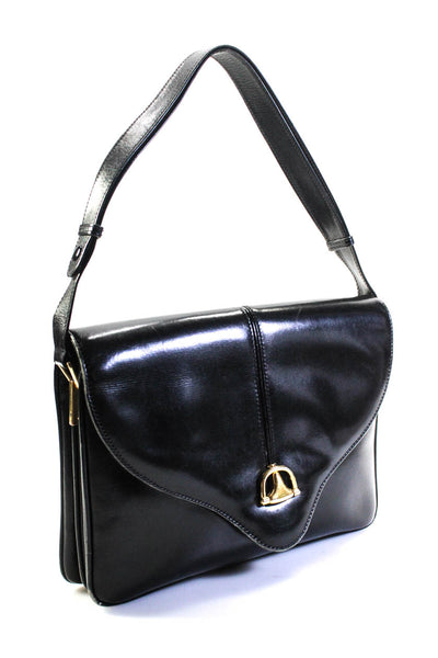 Gucci Womens Vintage Smooth Leather Flap Shoulder Bag Tote Handbag Black