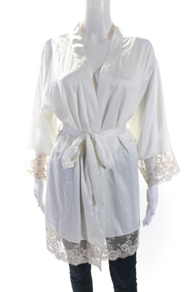Flora Nikrooz Women's Long Sleeves Lace Trim Tie Waist Robe Cream Size L