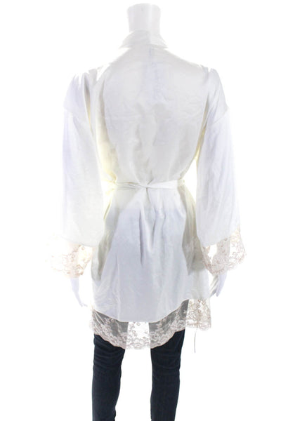 Flora Nikrooz Women's Long Sleeves Lace Trim Tie Waist Robe Cream Size L