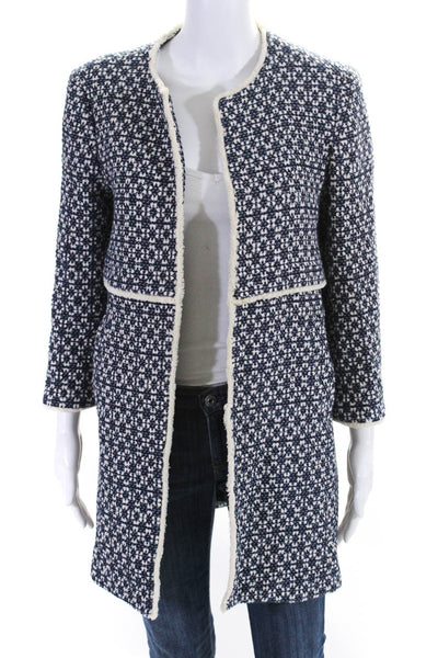 Zara Woman Womens Woven Print Long Sleeves Coat White Navy Blue Size Medium