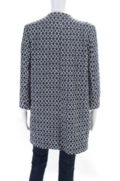 Zara Woman Womens Woven Print Long Sleeves Coat White Navy Blue Size Medium