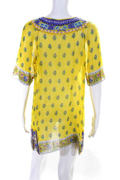 Calypso Saint Barth Womens Silk Floral Print Beaded Dress Yellow Size Medium