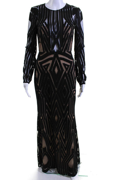 BCBG Max Azria Womens Long Sleeves Full Length Veira Gown Black Beige Size 0
