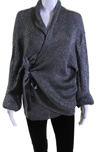 Balenciaga Womens Metallic Silver V-Neck Long Sleeve Wrap Sweater Top Size L