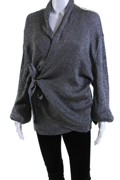 Balenciaga Womens Metallic Silver V-Neck Long Sleeve Wrap Sweater Top Size L