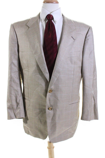 Hickey Freeman Mens Silk Houndstooth Print Buttoned Blazer Beige Size EUR43