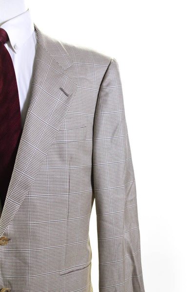 Hickey Freeman Mens Silk Houndstooth Print Buttoned Blazer Beige Size EUR43