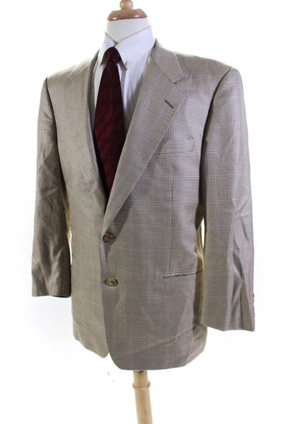 Hickey Freeman Mens Silk Houndstooth Print Buttoned Blazer Beige Size EUR43