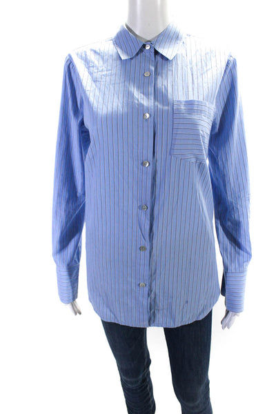 Hatch Womens Blue Cotton Striped Long Sleeve Button Down Blouse Top Size S