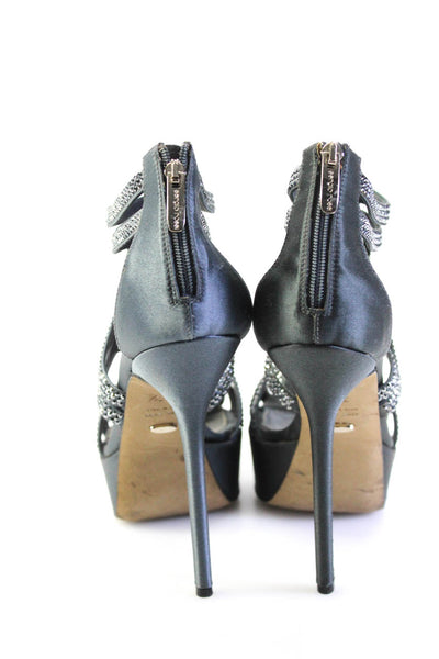 Sergio Rossi Womens Rhinestone Satin Strappy Platform Sandals Gray Size 38.5 8.5