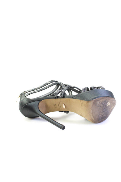 Sergio Rossi Womens Rhinestone Satin Strappy Platform Sandals Gray Size 38.5 8.5