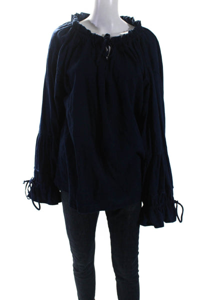 We The Free Womens Long Sleeves Key Hole Neck Blouse Navy Blue Cotton Size Large