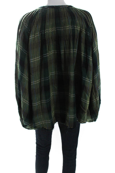 We The Free Womens Plaid Long Sleeves Lace Up Blouse Green Cotton Size Large
