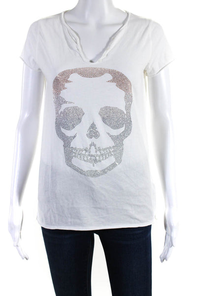 Zadig & Voltaire Womens Rhinestone Skull Henley Top Tee Shirt White Size Small