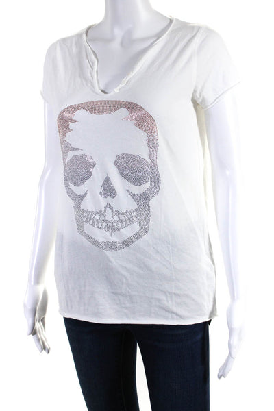 Zadig & Voltaire Womens Rhinestone Skull Henley Top Tee Shirt White Size Small