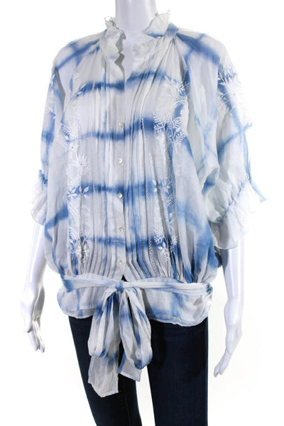 Juliet Dunn Womens Tie Dye Embroidered Ruffle Top Blouse White Blue Size 3