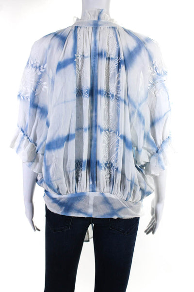 Juliet Dunn Womens Tie Dye Embroidered Ruffle Top Blouse White Blue Size 3