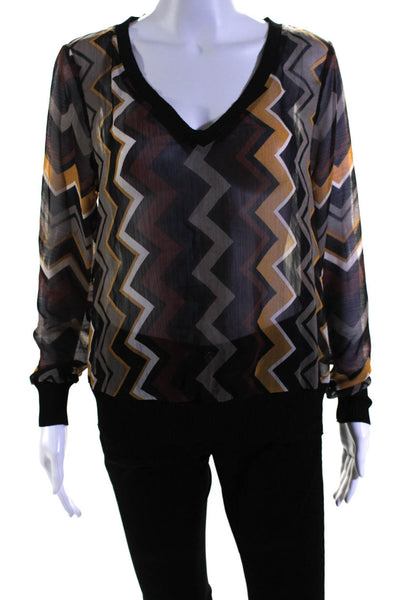 Missoni x Target Womens Chevron Long Sleeve V Neck Top Blouse Black Brown Medium