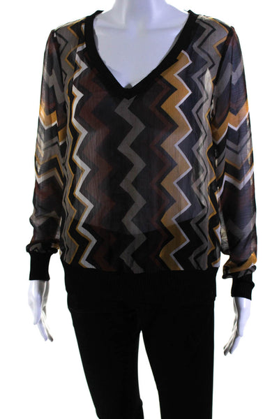 Missoni x Target Womens Chevron Long Sleeve V Neck Top Blouse Black Brown Medium