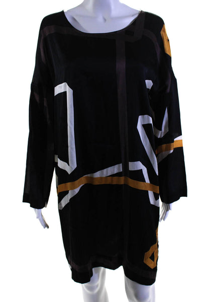 Stine goya Womens Long Sleeve Abstract Satin Shift Dress Black Brown Size Medium