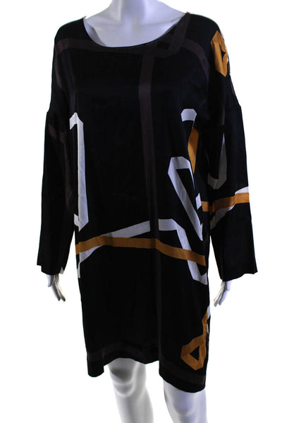 Stine goya Womens Long Sleeve Abstract Satin Shift Dress Black Brown Size Medium