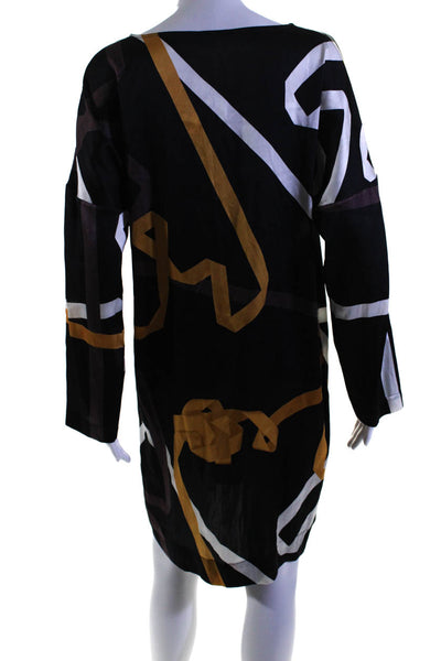 Stine goya Womens Long Sleeve Abstract Satin Shift Dress Black Brown Size Medium