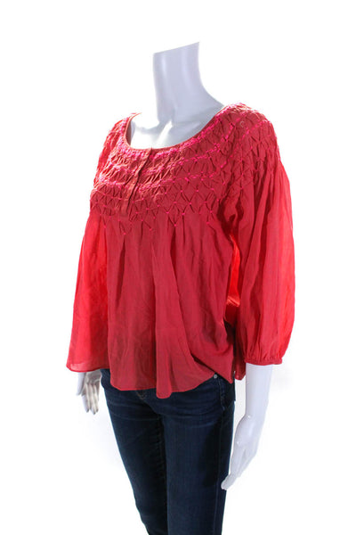 Free People Womens Cotton Ruched Textured Round Neck Long Sleeve Top Red Size S