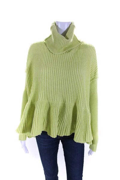 Free People Womens Cotton Ribbed Textured Turtleneck Sweater Green Size XS