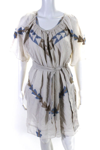 Mirth Womens Geometric Print Short Sleeves Dress Beige Blue Cotton Size Medium