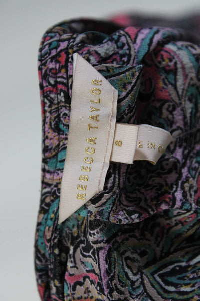 Rebecca Taylor Womens Silk Floral Print V-Neck Short Sleeve Blouse Pink Size 8