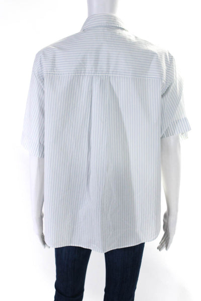 Rag & Bone Womens Silk Striped Print Buttoned Short Sleeve Blouse Blue Size S