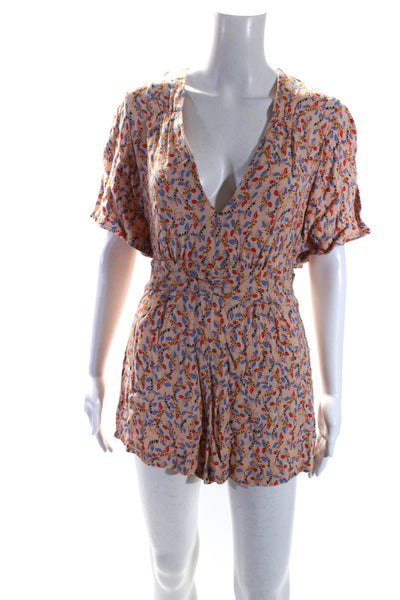 Free People Womens Floral Printed V-Neck Short Sleeve Mini Romper Peach Size 4