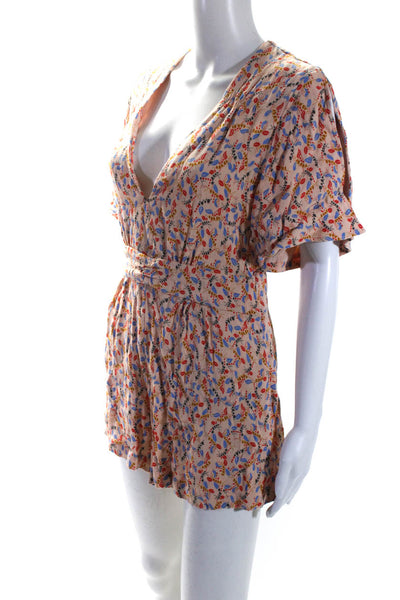 Free People Womens Floral Printed V-Neck Short Sleeve Mini Romper Peach Size 4