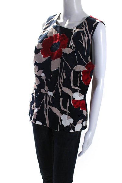 Trina Turk Womens Cotton Floral Print Back Zipped Peplum Blouse Navy Size M