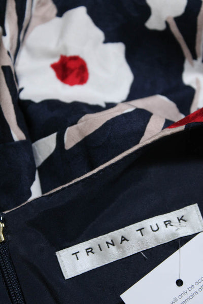 Trina Turk Womens Cotton Floral Print Back Zipped Peplum Blouse Navy Size M