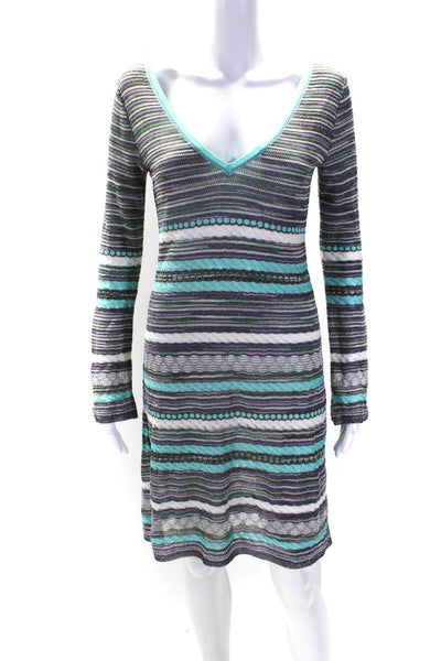 M Missoni Womens Long Sleeve V Neck Open Knit Striped Dress Gray Teal Size IT 42