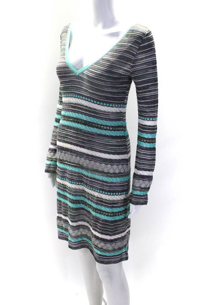 M Missoni Womens Long Sleeve V Neck Open Knit Striped Dress Gray Teal Size IT 42