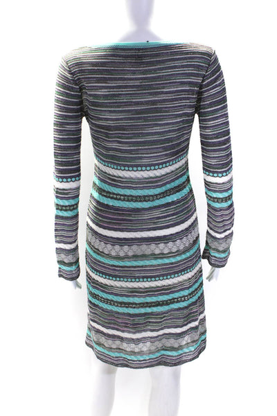 M Missoni Womens Long Sleeve V Neck Open Knit Striped Dress Gray Teal Size IT 42