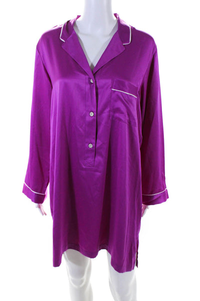 Natori Womens Satin Long Sleeve Button Up Sleepwear Dress Purple Size L