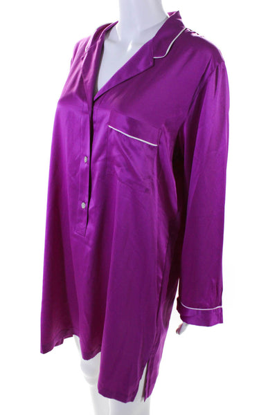 Natori Womens Satin Long Sleeve Button Up Sleepwear Dress Purple Size L