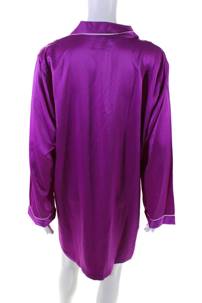 Natori Womens Satin Long Sleeve Button Up Sleepwear Dress Purple Size L