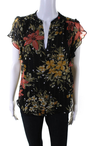 Joie Womens Silk Short Sleeve V Neck Metallic Floral Ruffle Blouse Black Size M