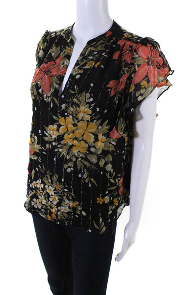 Joie Womens Silk Short Sleeve V Neck Metallic Floral Ruffle Blouse Black Size M