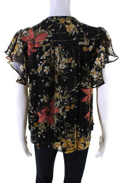 Joie Womens Silk Short Sleeve V Neck Metallic Floral Ruffle Blouse Black Size M