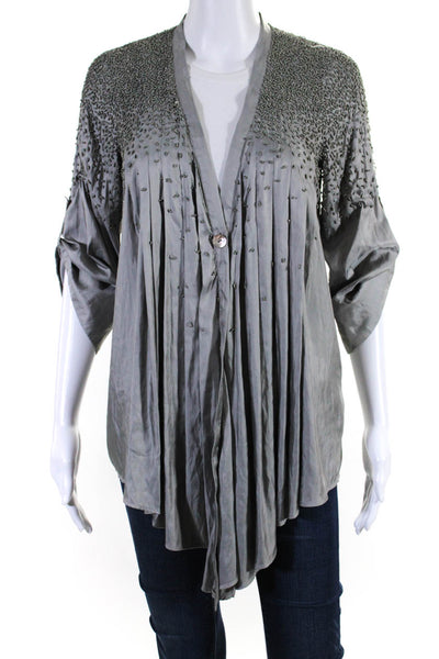 Elizabeth and James Women's Long Sleeves Beaded Button Up Blouse Gray Size XS