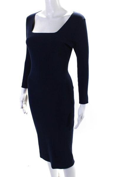 Michael Kors Womens Square Neck Rib Knit Midi Sweater Sheath Dress Blue Medium