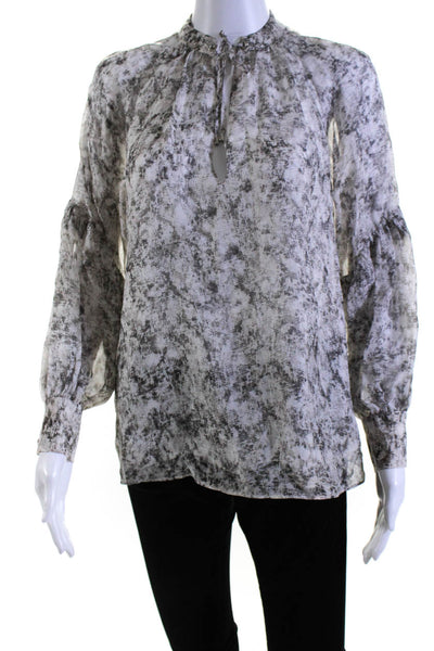 Intermix Women's Round Neck Long Sleeves Sheer Silk Blouse Gray Size L